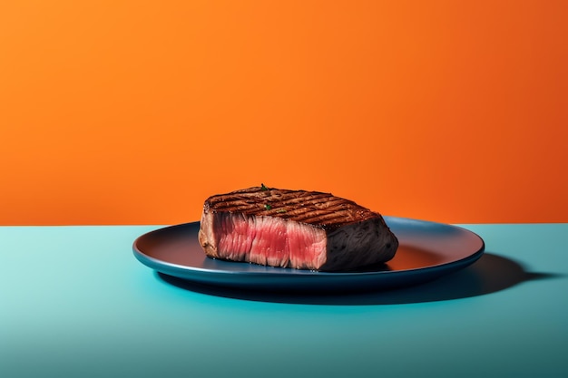 Ein Steak auf einem blauen Tisch mit blauem Hintergrund
