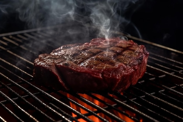 Ein Steak auf einem Grill, aus dem Rauch austritt