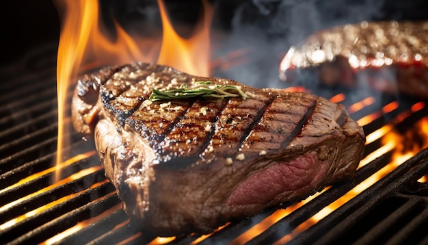 Ein Steak auf einem Grill mit einem Feuer im Hintergrund