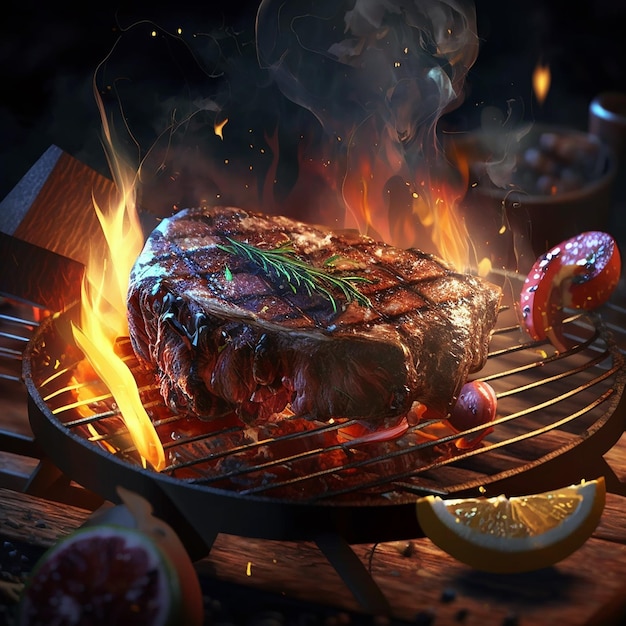 Foto ein steak auf einem grill mit einem feuer im hintergrund