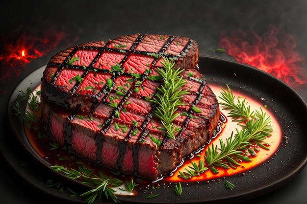 Ein Steak auf einem Grill mit einem Rosmarinzweig darauf und einem schwarzen Hintergrund