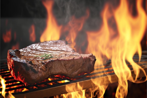 Ein Steak auf einem Grill mit Flammen im Hintergrund