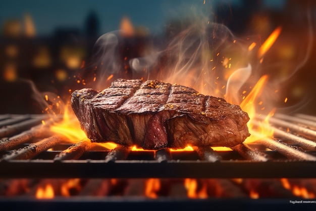 Ein Steak auf einem Grill mit Flammen im Hintergrund.