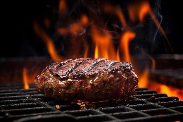 ein Steak auf einem Grill mit Flammen im Hintergrund