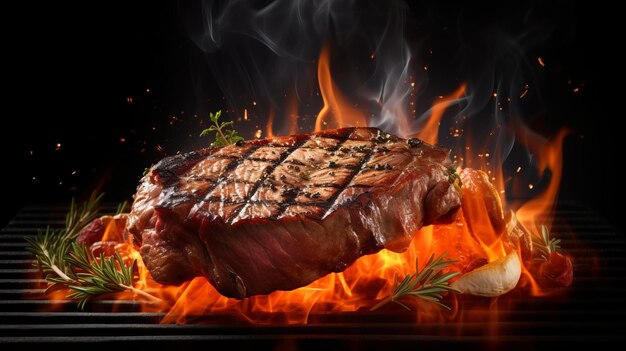 Ein Steak auf einem Grill mit Flammen im Hintergrund