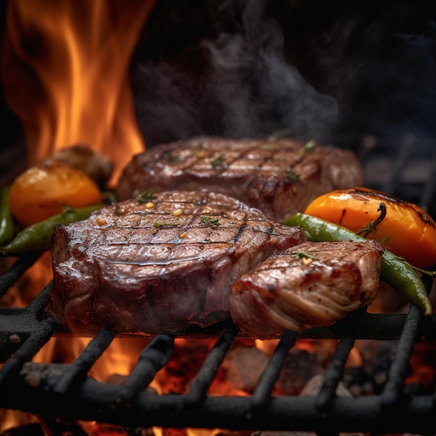 Ein Steak auf einem Grill mit Gemüse darauf