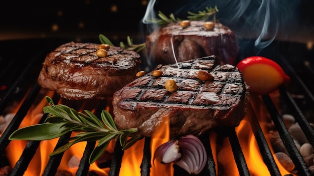 Ein Steak auf einem Grill mit Tomaten und Oliven darauf