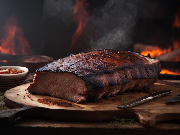 ein Steak auf einem Holzbrett mit einem Feuer dahinter