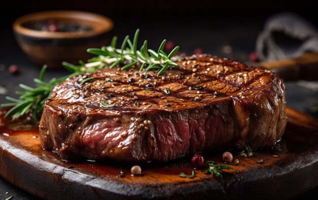 Ein Steak auf einem Holztisch mit einem Rosmarinzweig darauf