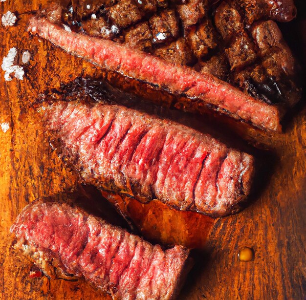 Ein Steak auf einem Holztisch mit einem Teller Steaks darauf