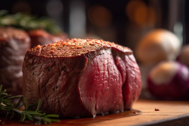 Ein Steak auf einem Schneidebrett mit einem Rosmarinzweig darauf