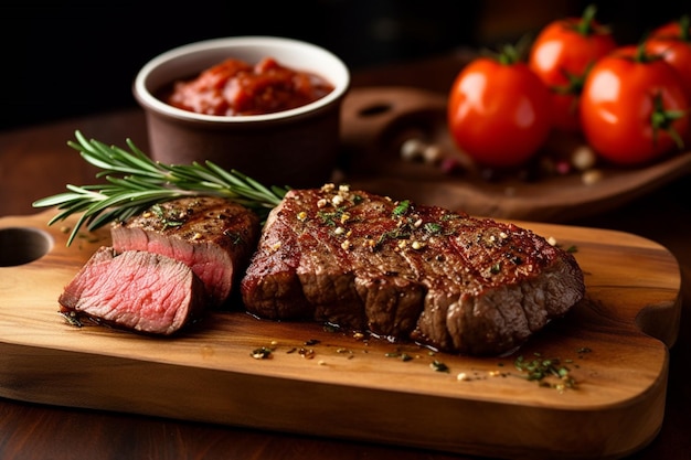 Ein Steak auf einem Schneidebrett mit einer Schüssel Tomaten