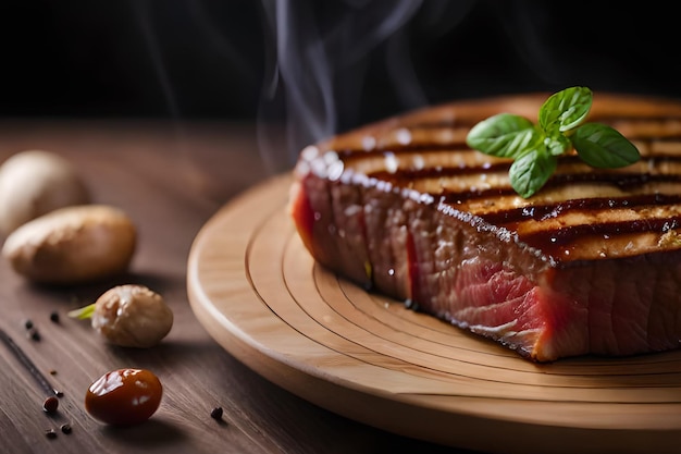 Ein Steak auf einem Teller mit einem Basilikumzweig darauf