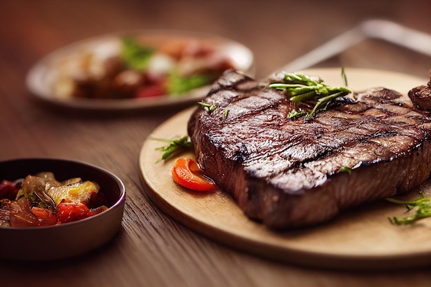 Ein Steak auf einem Teller mit einer Beilage aus generativem AI-Gemüse