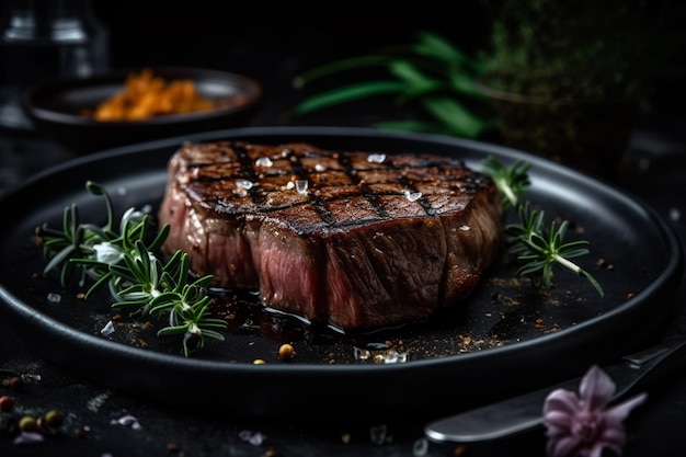 Ein Steak auf einem Teller mit schwarzem Hintergrund