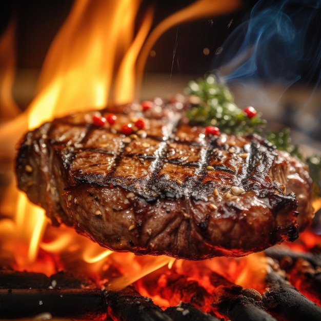 Ein Steak brennt mit rotem Pfeffer auf dem Grill.