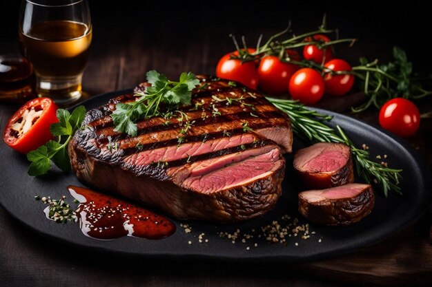 ein Steak mit einem Glas Bier daneben