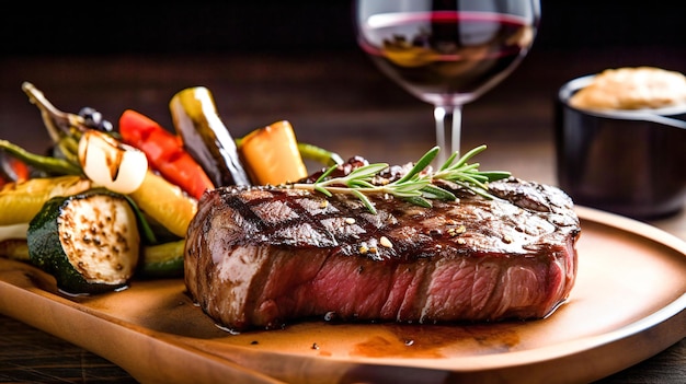 Foto ein steak mit einem glas rotwein