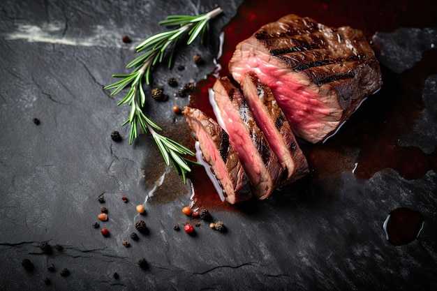 Ein Steak mit einem Rosmarinzweig darauf