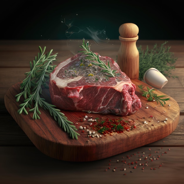 Ein Steak mit einem Rosmarinzweig und Kräutern darauf auf einem Holzbrett. rohes Fleisch. ai generiert