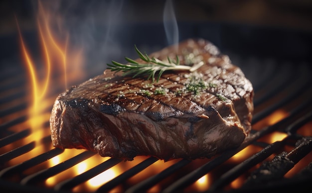 Ein Steak mit einem Zweig Rosmarin und Kräutern darauf auf einem Grill. gegrilltes Fleisch. ai generiert