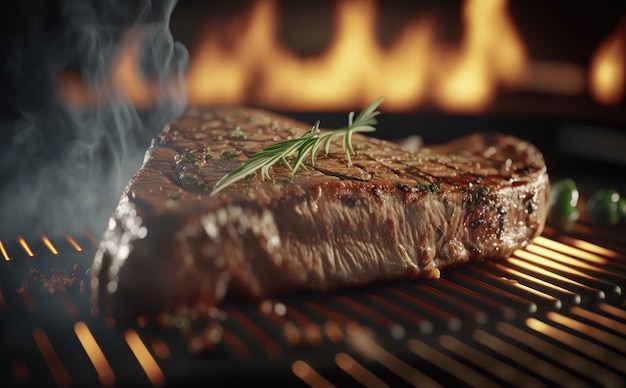 Ein Steak mit einem Zweig Rosmarin und Kräutern darauf auf einem Grill. gegrilltes Fleisch. ai generiert