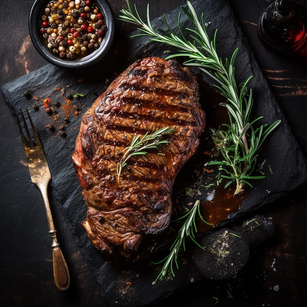 Ein Steak mit einer Flasche Wein daneben und einem Messer und einem Messer.