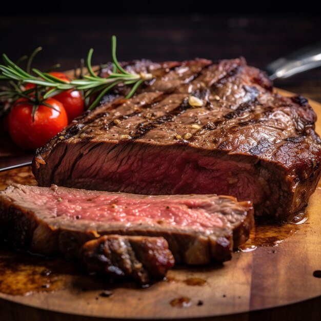 Ein Steak mit einer Kirsche obenauf und einem Messer auf dem Tisch.