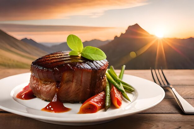 ein Steak mit Gemüse und einer Gabel auf einem Teller mit einem Sonnenuntergang im Hintergrund.