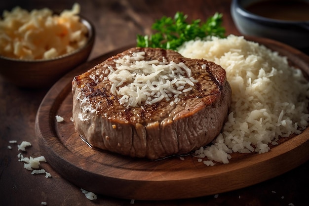 Ein Steak mit Reis und Reis auf einer Holzplatte