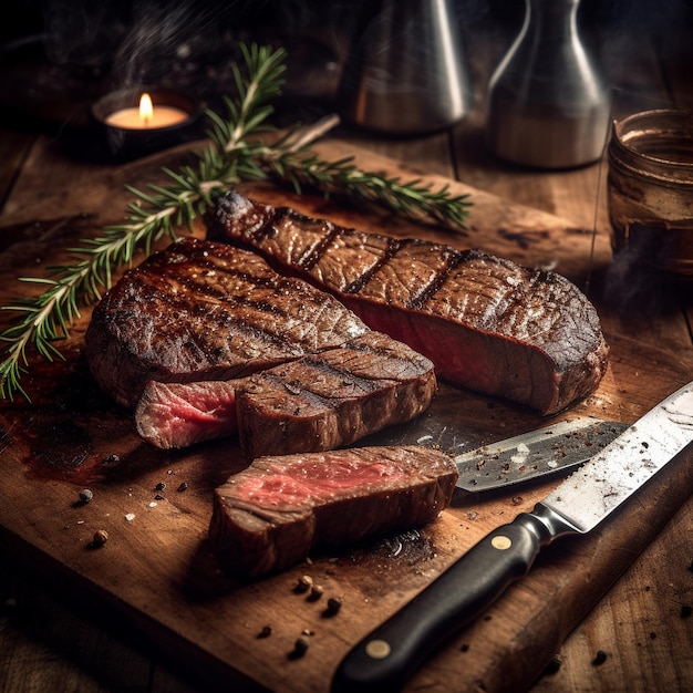 Ein Steak und ein Steak liegen mit einem Messer auf einem Schneidebrett.