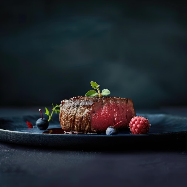 ein Steak- und Himbeersauce-Gericht auf schwarzem Hintergrund