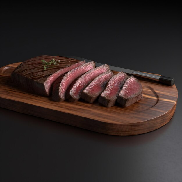 Ein Steakmesser liegt auf einem Holzbrett mit einem Steakmesser darauf.