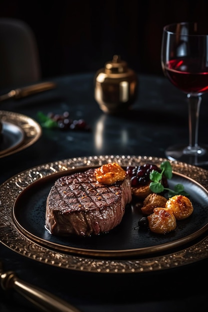 Ein Steakteller mit einem Glas Wein