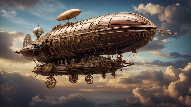 Ein Steampunk-Luftschiff fliegt oben im Himmel