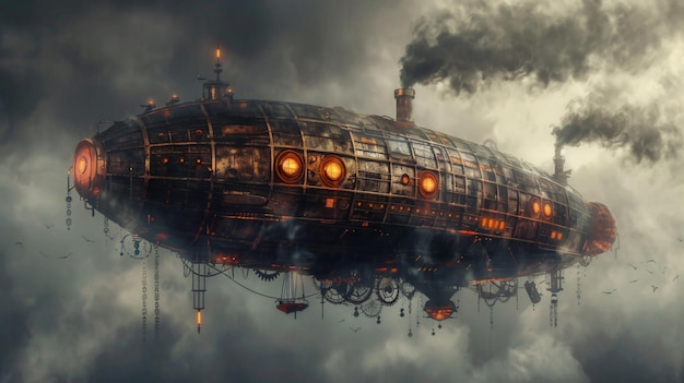 Ein Steampunk-Luftschiff, geschmückt mit Zahnrädern und fließendem Rauch