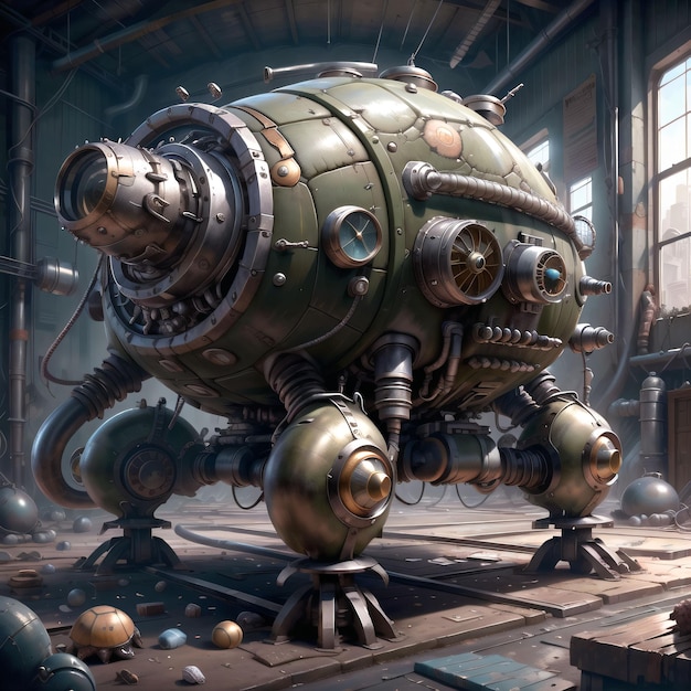 Ein Steampunk-Roboter in einer Fabrik mit einem großen grünen Körper und einem großen Metallkörper.