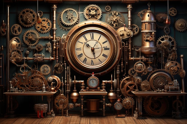 Ein Steampunk-Stil mit Zahnrädern, Rohren und Uhren Stilisiert von einem Steampunk-Mechanischen 3D-Illustration Digital Art Design Retro-Uhrmechanismus Steampunk-Stil