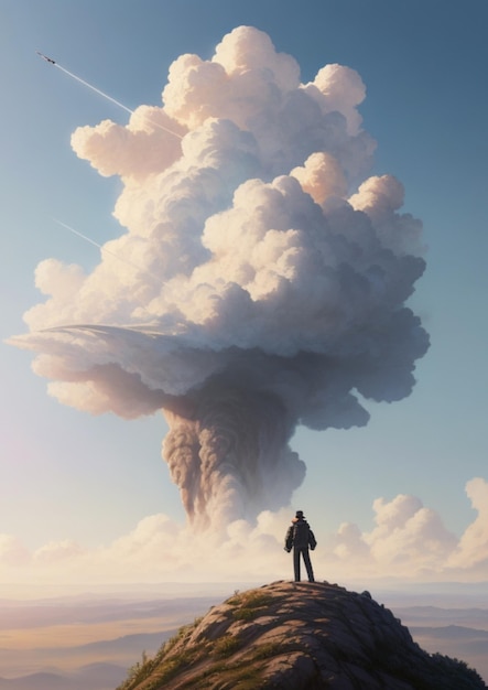 Ein stehender Mann sieht einen Rauch explodieren, der vom Gipfel des Berges hervorgerufen wird.