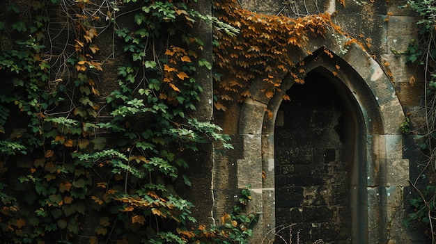 Ein steinerner Bogen ist fast verborgen durch das Überwachsen von Reben und Pflanzen, die die Mauer bedecken