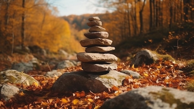 Ein Steinhaufen in einem Wald mit Herbstblättern auf dem Boden