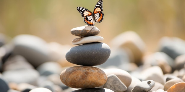 Ein Steinhaufen mit einem Schmetterling darauf