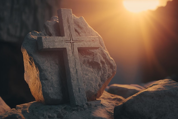 Ein Steinkreuz auf einem Felsen und die Sonnenstrahlen glauben an Gott Generative KI