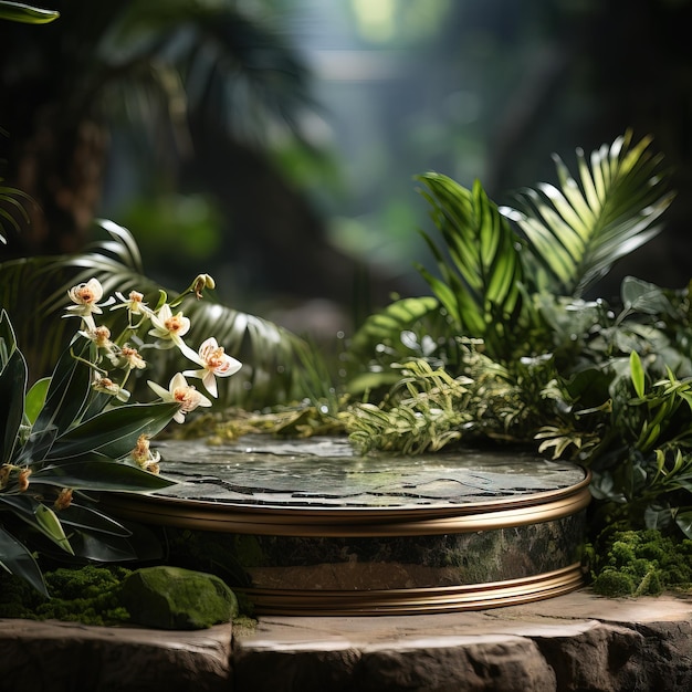 ein Steintisch mit einem Brunnen und Blumen und ein Brunnen mit der Aufschrift „Orchidee“.