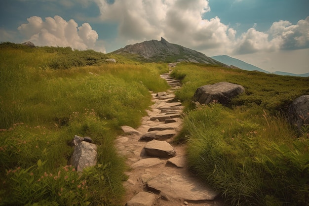 Ein Steinweg in einer Wiese mit einem Berg im Hintergrund, generative KI