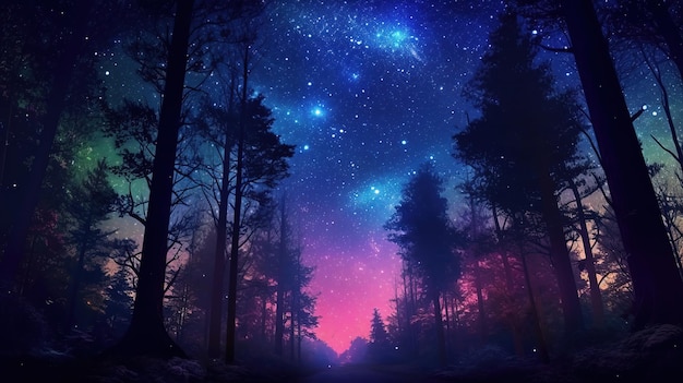 Ein sternenklarer Nachthimmel mit einem violetten Stern in der Mitte