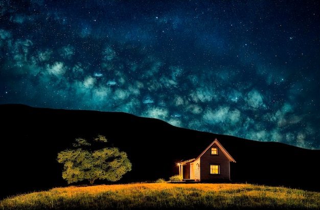 Ein sternenklarer Nachthimmel über einem Haus in den Bergen