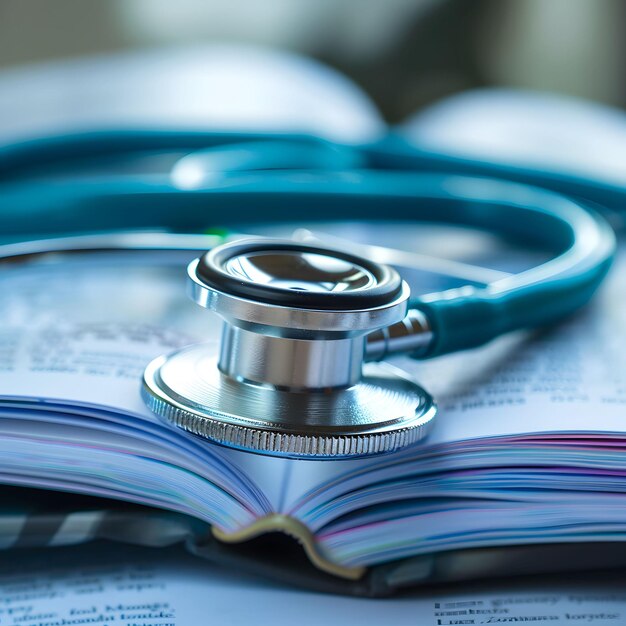 Foto ein stethoskop ruht auf einem offenen medizinbuch