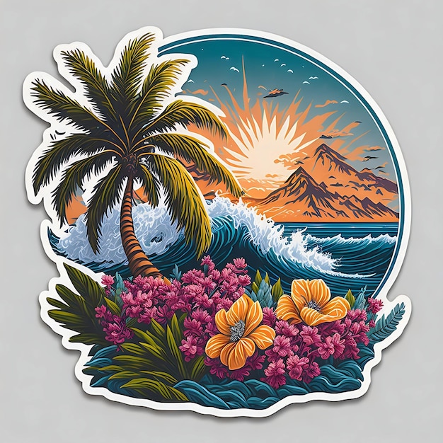 Ein Sticker-Kunstwerk einer majestätischen Palme mit wunderschönen Blumen für den weißen Hintergrund des T-Shirt-Designs