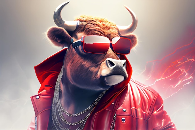 Ein Stier, der eine rote Jacke und eine Sonnenbrille trägt
